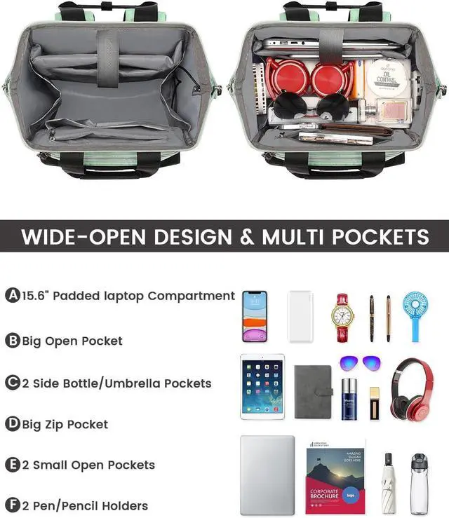 Alt view image 4 of 5 - YALIXIAN Laptop Backpack for Women,College Work Teacher backpack for 15.6 Inch laptop with USB Charging Port,Travel Anti Theft Laptops Backpack RFID Anti Theft, Shoulder Purse Bags Green Black