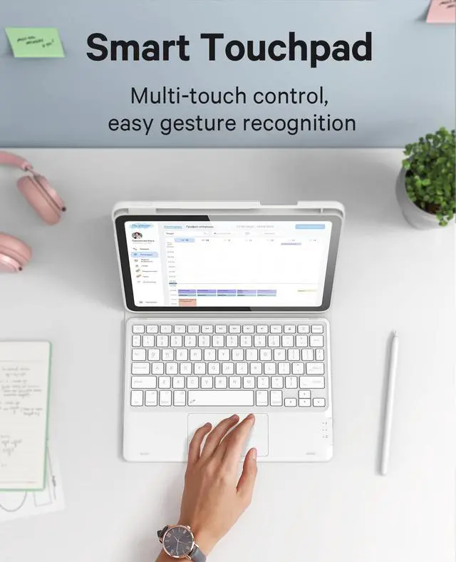 Alt view image 4 of 5 - GreenLaw for iPad 10th Generation Case with Keyboard, Stain-Resistant Surface, Dual-Device Connection, 7 Color Backlit, Detachable Wireless Keyboard for iPad 10th Gen. 10.9" 2022, White Smoke