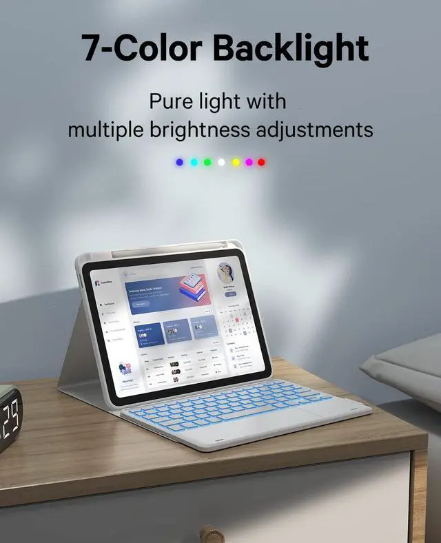 Alt view image 3 of 5 - GreenLaw for iPad 10th Generation Case with Keyboard, Stain-Resistant Surface, Dual-Device Connection, 7 Color Backlit, Detachable Wireless Keyboard for iPad 10th Gen. 10.9" 2022, White Smoke