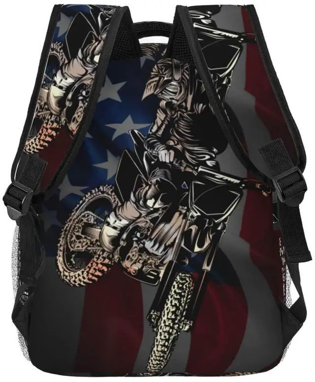 Alt view image 4 of 5 - FuriTou Motocross Dirt Bike American Flag Backpack Motorcycle Biker Double Shoulder Bag Laptop Bagpack for Men Women Bookbag for Work Camping Travel
