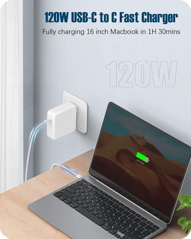 Alt view image 2 of 5 - Mac Book Pro Charger - 120W USB C Fast Charger Power Adapter Compatible with USB C Port MacBook Pro & MacBook Air 13, 14, 15, 16 inch, New ipad Pro and All USB C Device, 6.6ft USB-C to C Charge Cable