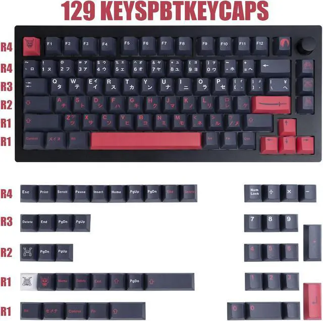 Alt view image 2 of 5 - GEKUCAP 129 Keys Red Black Japanese Keycaps, Dye Sublimation PBT Customized KeyCaps, Cherry Profile Bushido Keycaps Set for Cherry MX Switches Mechanical Keyboards 61/64/68/84/87/104
