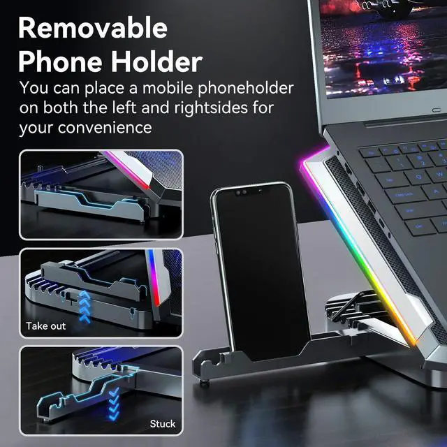 Alt view image 5 of 5 - ICE COOREL Gaming Laptop Cooling Pad with 8 Cooling Fans, Laptop Fan Cooler Pad for 15-17.3 Inch, Notebook Cooler Stand with 6 Height Adjustable, RGB Cooling Pad with Two USB Port + Phone Stand