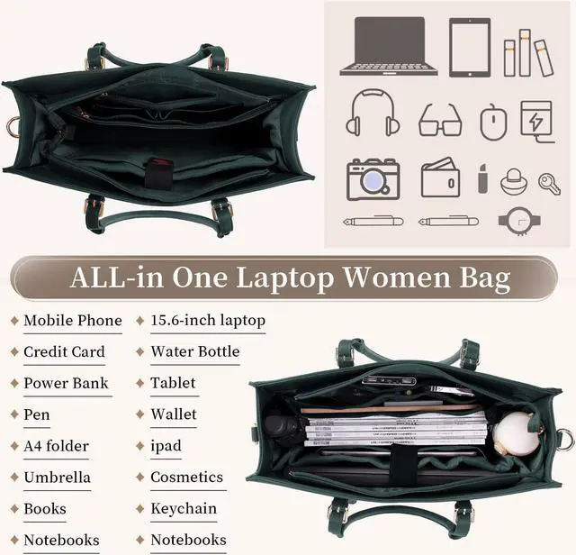 Alt view image 2 of 5 - Laptop Bag for Women 15.6 inch Waterproof Laptop Tote Work Bag Leather Computer Tote Briefcase Bag Office Professional Large Capacity Handbag School Shoulder Green