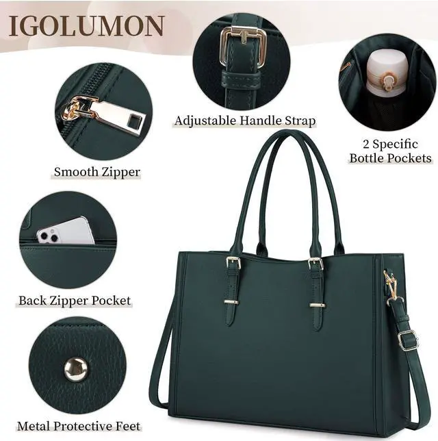Alt view image 3 of 5 - Laptop Bag for Women 15.6 inch Waterproof Laptop Tote Work Bag Leather Computer Tote Briefcase Bag Office Professional Large Capacity Handbag School Shoulder Green