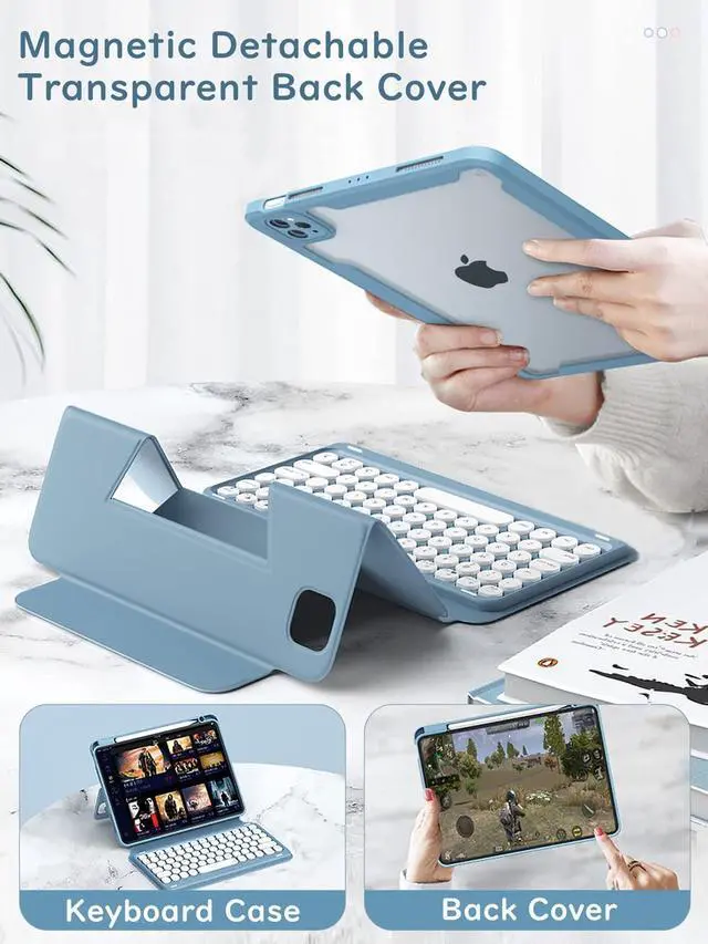 Alt view image 3 of 5 - Magnetic Vertical iPad 9th 8th 7th Generation10.2 Air 3rd Gen Pro 10.5 inch Keyboard Case Color Round Key Movable Clear Back Cover with Pencil Holder, Purple Gray