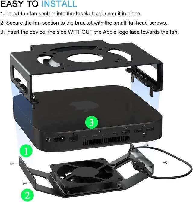Alt view image 2 of 5 - Mac Mini Cooling Fan Mount, IFCASE Behind Monitor, Under Desk, Wall Mount Cooling Fan Stand for Mac Mini 2010 to 2023 M2 Compatible VESA Holder with Anti-Scratch Pad (Black)
