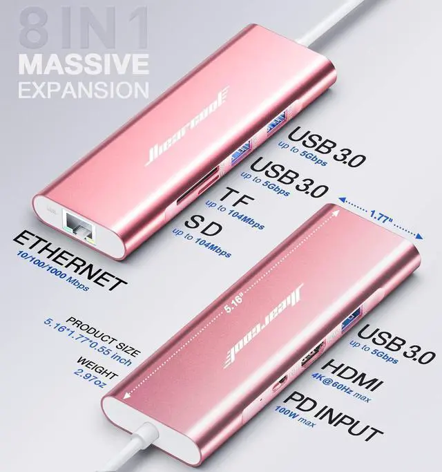Alt view image 5 of 5 - Hiearcool USB C Hub Ethernet, 8in1 USBC Hub Multi-Port Adapter, USB-C to HDMI Docking Station Type C Adapter Dongle Compatible for MacBook Dell XPS HP ASUS and More Type-C Devices-Rose Gold