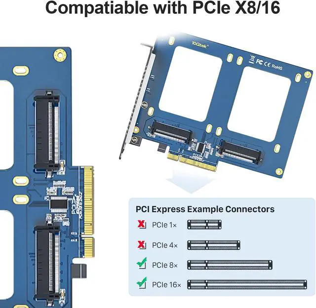 Alt view image 2 of 5 - H!Fiber Dual U.2 to PCIe X8 Adapter, SFF-8639 to PCIe 3.0 X8 Card Without PCIe Bifurcation bunction, Support 2 x U.2 SSD or Soft raid (PCIe Bifurcation Motherboard is Required)