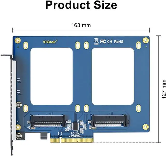 Alt view image 3 of 5 - H!Fiber Dual U.2 to PCIe X8 Adapter, SFF-8639 to PCIe 3.0 X8 Card Without PCIe Bifurcation bunction, Support 2 x U.2 SSD or Soft raid (PCIe Bifurcation Motherboard is Required)