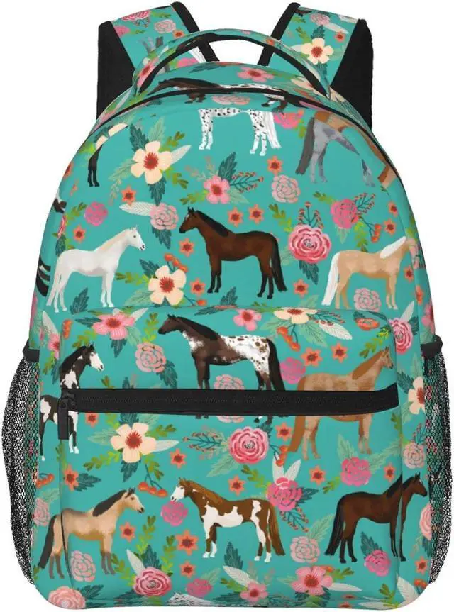 Main image of HAZIMCS Horses Floral Horse Breeds Farm Animal Pets Flowers Pattern Backpack for Women Boys Teens School Backpacks Students Bookbag Laptop Backpack Large Adult Hiking Camping Rucksack 15.6 Inch
