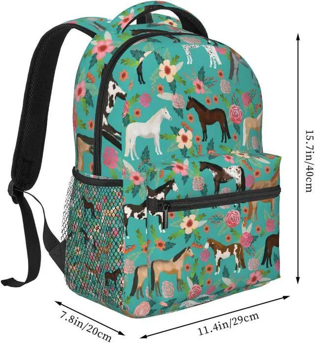 Alt view image 2 of 5 - HAZIMCS Horses Floral Horse Breeds Farm Animal Pets Flowers Pattern Backpack for Women Boys Teens School Backpacks Students Bookbag Laptop Backpack Large Adult Hiking Camping Rucksack 15.6 Inch