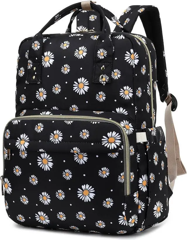 Main image of Kouxunt Daisy Black Laptop Backpack College Bookbag School Backpack for Women Girls, Travel Backpack 15.6 Inch Computer Backpacks