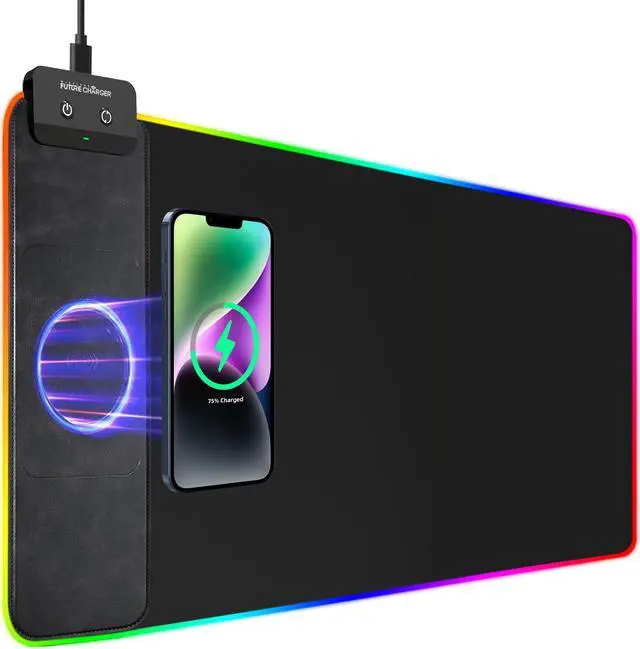 Main image of Wireless Charging Gaming Mouse Pad - 10W RGB Mouse Pad, 31.5"x15.7" Extended XX-Large Desk Mat for Laptop/PC/Keyboard, 9 Light Modes, Non-Slip Rubber Base, Waterproof, Black