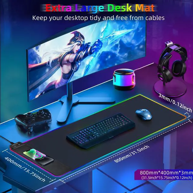 Alt view image 2 of 5 - Wireless Charging Gaming Mouse Pad - 10W RGB Mouse Pad, 31.5"x15.7" Extended XX-Large Desk Mat for Laptop/PC/Keyboard, 9 Light Modes, Non-Slip Rubber Base, Waterproof, Black