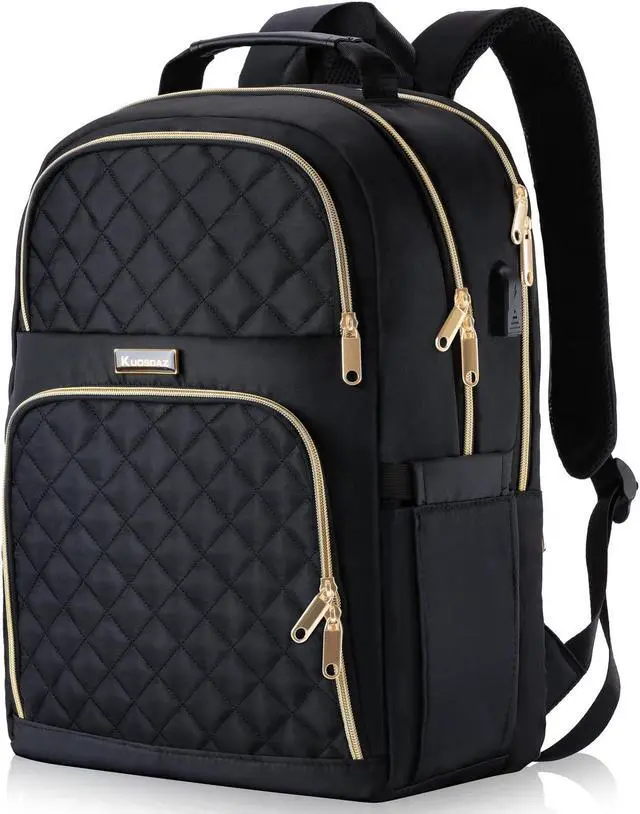 Main image of Kuosdaz Backpacks for Women, School Backpack for Teen Girls, 15.6 Inch Cute Quilted Laptop Backpack with USB Charging, Large Bookbag for Middle School College Students, Black