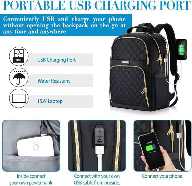 Alt view image 3 of 5 - Kuosdaz Backpacks for Women, School Backpack for Teen Girls, 15.6 Inch Cute Quilted Laptop Backpack with USB Charging, Large Bookbag for Middle School College Students, Black