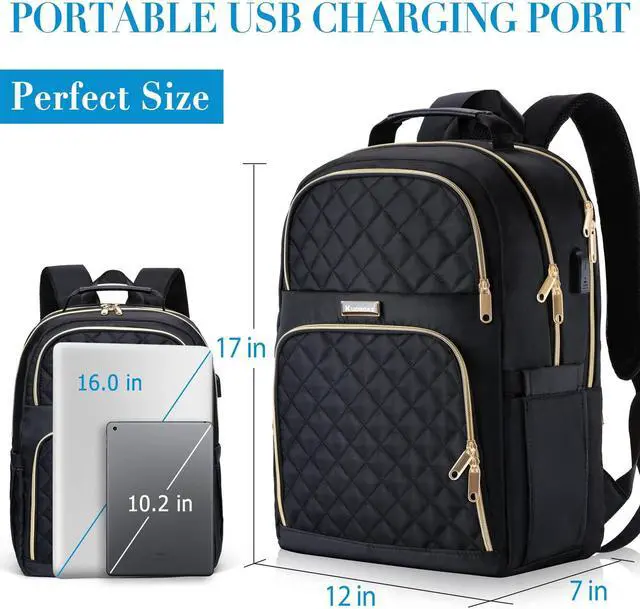 Alt view image 4 of 5 - Kuosdaz Backpacks for Women, School Backpack for Teen Girls, 15.6 Inch Cute Quilted Laptop Backpack with USB Charging, Large Bookbag for Middle School College Students, Black