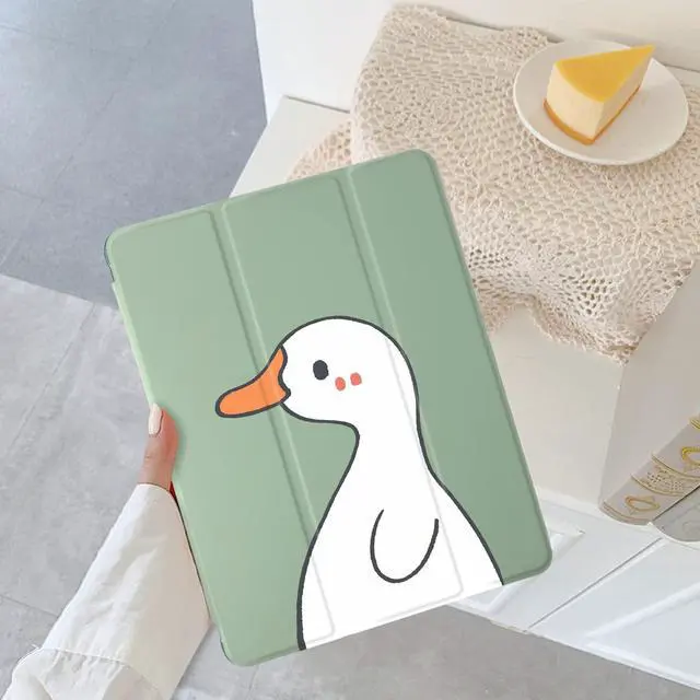 Alt view image 2 of 5 - Cute Kawaii Duck for iPad 7th/8th/9th Generation Case with Pencil Holder, Auto Sleep/Wake, Green Leather with Clear Soft TPU Back Cover for iPad 10.2 Inch 2019/2020/2021