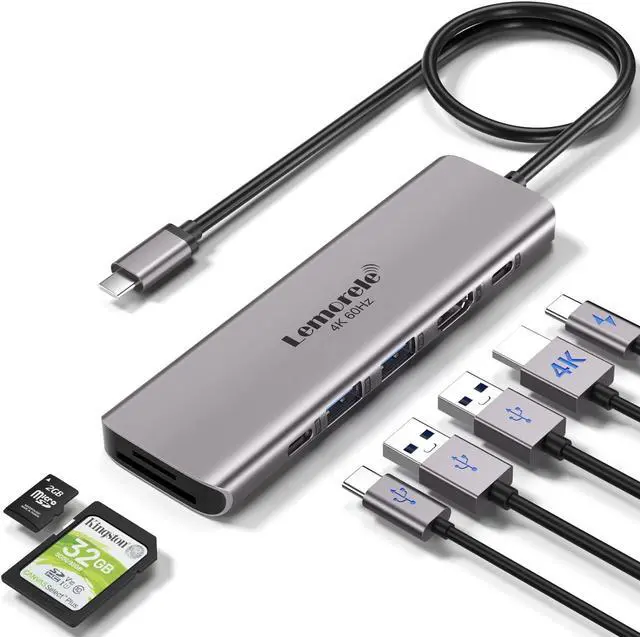 Main image of USB C Hub Multiport Adapter - Lemorele 7-in-1 Type-C 4K 60Hz HDMI Dongle Docking Station, 100W PD, SD/TF 3.0 Slots, 2 USB 3.0 & USB C 3.0 5Gbps Data Ports, for MacBook, iPad, Surface, XPS, ChromeBook