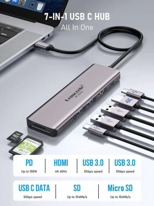 Alt view image 2 of 5 - USB C Hub Multiport Adapter - Lemorele 7-in-1 Type-C 4K 60Hz HDMI Dongle Docking Station, 100W PD, SD/TF 3.0 Slots, 2 USB 3.0 & USB C 3.0 5Gbps Data Ports, for MacBook, iPad, Surface, XPS, ChromeBook