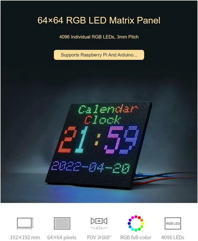 Alt view image 3 of 5 - 64x64 RGB LED Matrix Panel Full Color for Raspberry Pi/Ardui 192x192 mm 3mm Pitch 4096 LEDs Adjustable Brightness