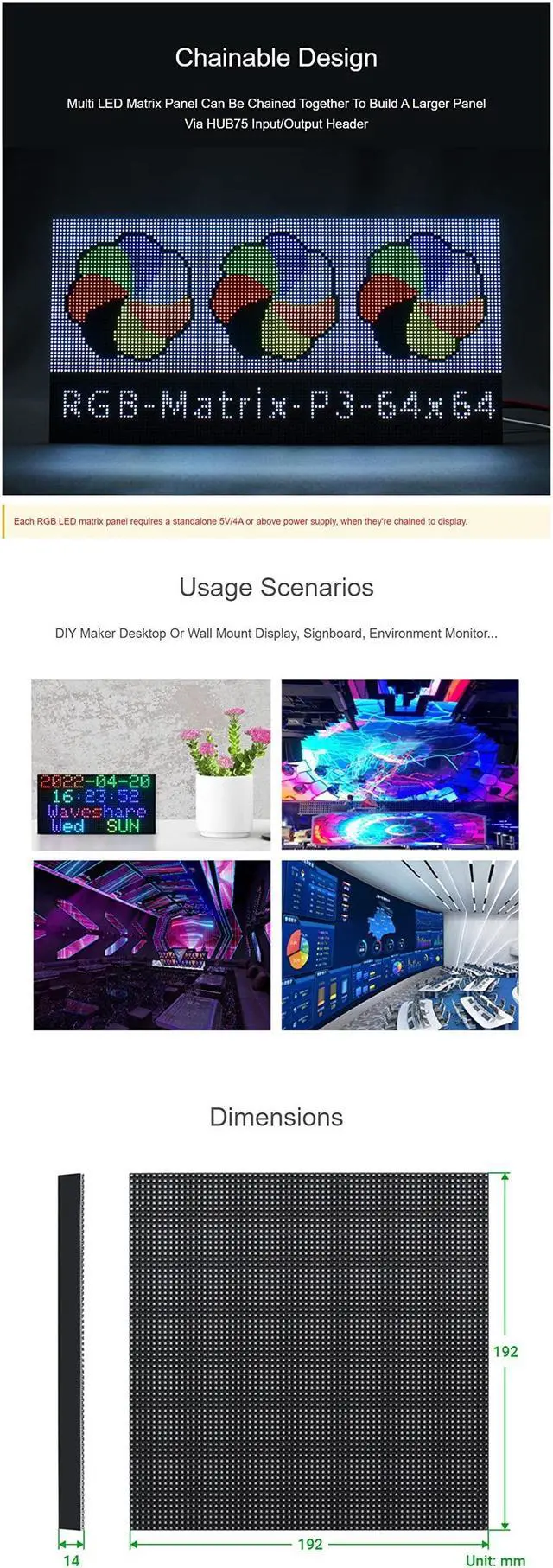 Alt view image 5 of 5 - 64x64 RGB LED Matrix Panel Full Color for Raspberry Pi/Ardui 192x192 mm 3mm Pitch 4096 LEDs Adjustable Brightness