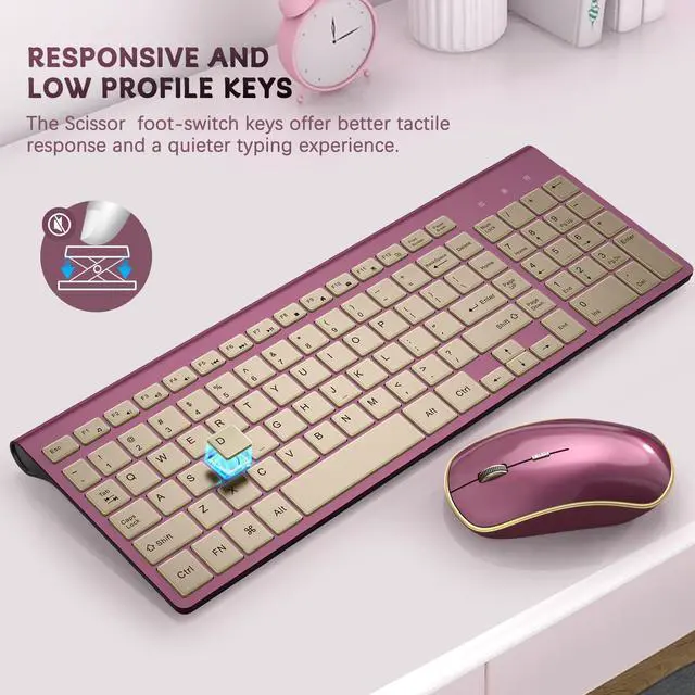 Alt view image 2 of 5 - JOYACCESS Wireless Keyboard and Mouse, 2.4g Slim and Ergonomic Wireless Keyboard Mouse Combo- Full Size and Portable Design for Laptop/Windows/Computer-Wine Red Gold