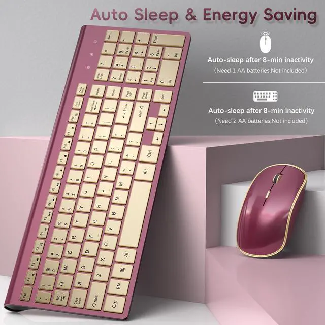 Alt view image 3 of 5 - JOYACCESS Wireless Keyboard and Mouse, 2.4g Slim and Ergonomic Wireless Keyboard Mouse Combo- Full Size and Portable Design for Laptop/Windows/Computer-Wine Red Gold
