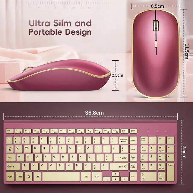 Alt view image 5 of 5 - JOYACCESS Wireless Keyboard and Mouse, 2.4g Slim and Ergonomic Wireless Keyboard Mouse Combo- Full Size and Portable Design for Laptop/Windows/Computer-Wine Red Gold