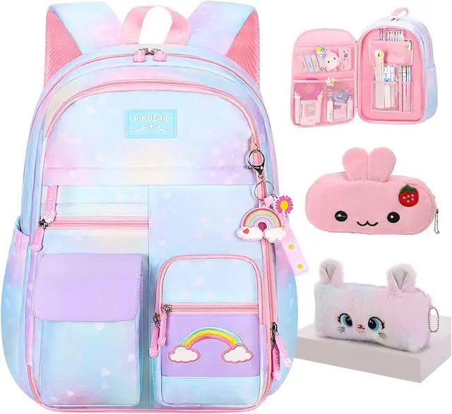 Main image of Jcobvig Rainbow Backpack For Girls Kids,Cute Student School Backpack With Pen Bag,Blue Aesthetic Starry Rainbow Laptop Travel Bag (Blue Large 17.5in