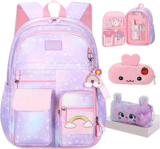 Main image of Jcobvig Kawaii Backpack For Girls Kids,Cute Student School Backpack With Pen Bag,Purple Aesthetic Starry Rainbow Laptop Travel Bag (Purple Medium 16.5in