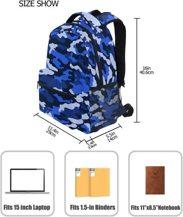 Alt view image 2 of 5 - ZZKKO Camo Camouflage Blue School Backpacks Book Bag for Boys Girls Travel Hiking Camping Daypack Work Laptop Backpack