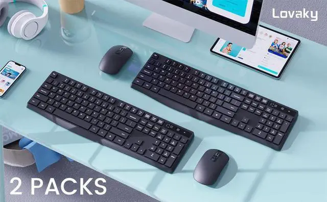 Alt view image 2 of 5 - Wireless Keyboard and Mouse Combo, Lovaky 2.4G Full-Sized Ergonomic Keyboard, 3 DPI Adjustable Cordless USB Mouse, Quiet Click for Computer/Laptop/Windows/Mac (2 Pack, Black)