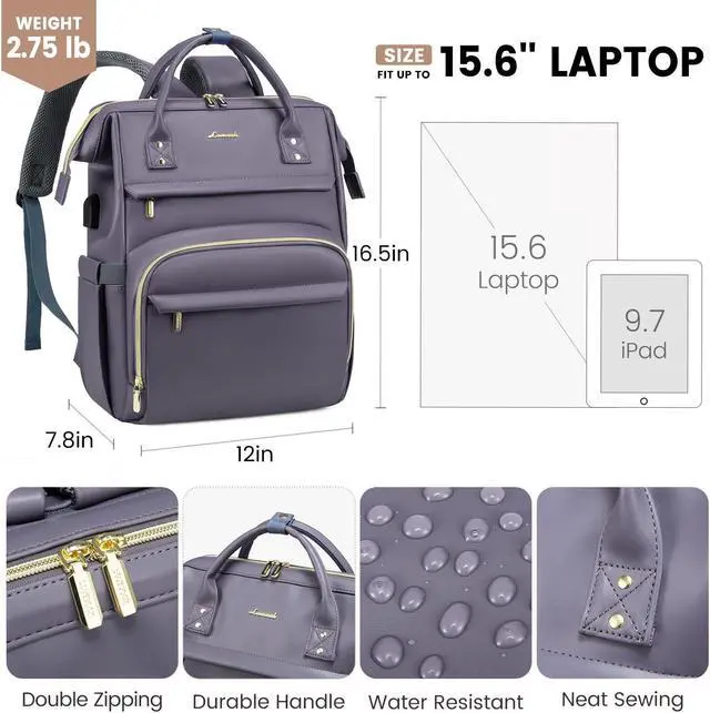 Alt view image 4 of 5 - LOVEVOOK Leather Laptop Backpack for Women 15.6 inch,Travel Backpack Purse Nurse Teacher Backpack Computer Laptop Bag,Professional College Business Work Bag Carry On Backpack with USB Port,Grey Purple