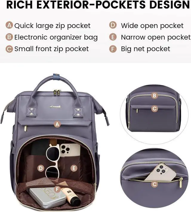 Alt view image 3 of 5 - LOVEVOOK Leather Laptop Backpack for Women 15.6 inch,Travel Backpack Purse Nurse Teacher Backpack Computer Laptop Bag,Professional College Business Work Bag Carry On Backpack with USB Port,Grey Purple