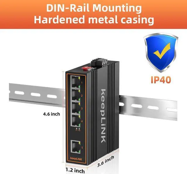 Alt view image 3 of 5 - keepLiNK 5 Port Industrial Gigabit Switch Unmanaged, Ethernet Din-Rail Switch, IP40 Operating Temperature Range of -30°  75°C (-22°  167°F)