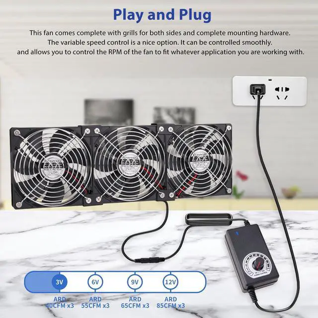 Alt view image 2 of 5 - KEYFANCLUB 3X 120mm 12V Computer Fan with DC to AC 110V - 240V Speed Controller, Cooling for Window Cabinet Chassis Machine Server Workstation Refrigerator, Greenhouse