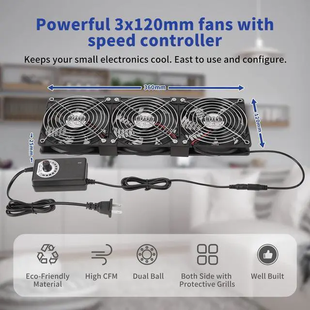 Alt view image 3 of 5 - KEYFANCLUB 3X 120mm 12V Computer Fan with DC to AC 110V - 240V Speed Controller, Cooling for Window Cabinet Chassis Machine Server Workstation Refrigerator, Greenhouse