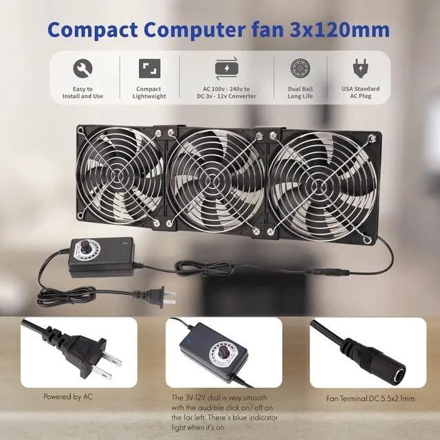 Alt view image 4 of 5 - KEYFANCLUB 3X 120mm 12V Computer Fan with DC to AC 110V - 240V Speed Controller, Cooling for Window Cabinet Chassis Machine Server Workstation Refrigerator, Greenhouse