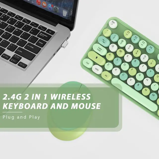 Alt view image 5 of 5 - Green Wireless Keyboard and Mouse, KOOTOP Cute Green Colorful Keyboard and Mouse, 2.4G Wireless Keyboard with Retro Round Keycap for PC, Mac, Laptop,Tablet,Computer Windows (Green)