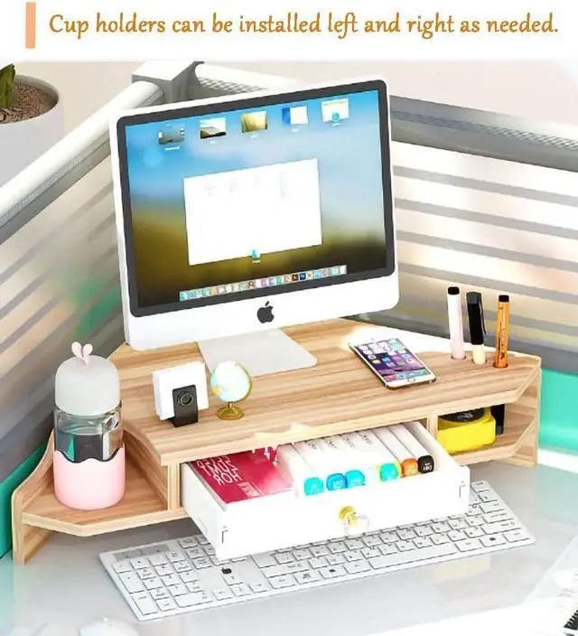 Alt view image 3 of 5 - KUAIYU Triangle Monitor Stand Riser,Cut Triangle Save Space Desktop Corner,Desktop corner shelf with drawers wooden computer stand with storage laptop risers office organization. (Have drawers)