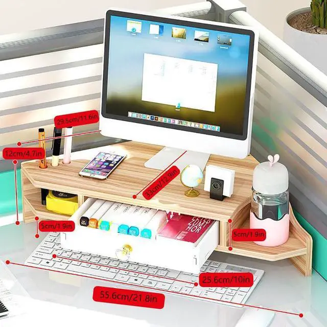 Alt view image 2 of 5 - KUAIYU Triangle Monitor Stand Riser,Cut Triangle Save Space Desktop Corner,Desktop corner shelf with drawers wooden computer stand with storage laptop risers office organization. (Have drawers)