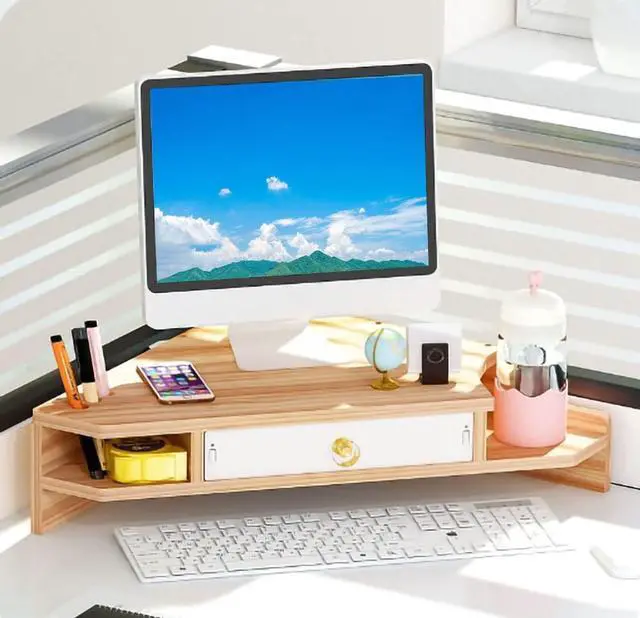 Alt view image 4 of 5 - KUAIYU Triangle Monitor Stand Riser,Cut Triangle Save Space Desktop Corner,Desktop corner shelf with drawers wooden computer stand with storage laptop risers office organization. (Have drawers)