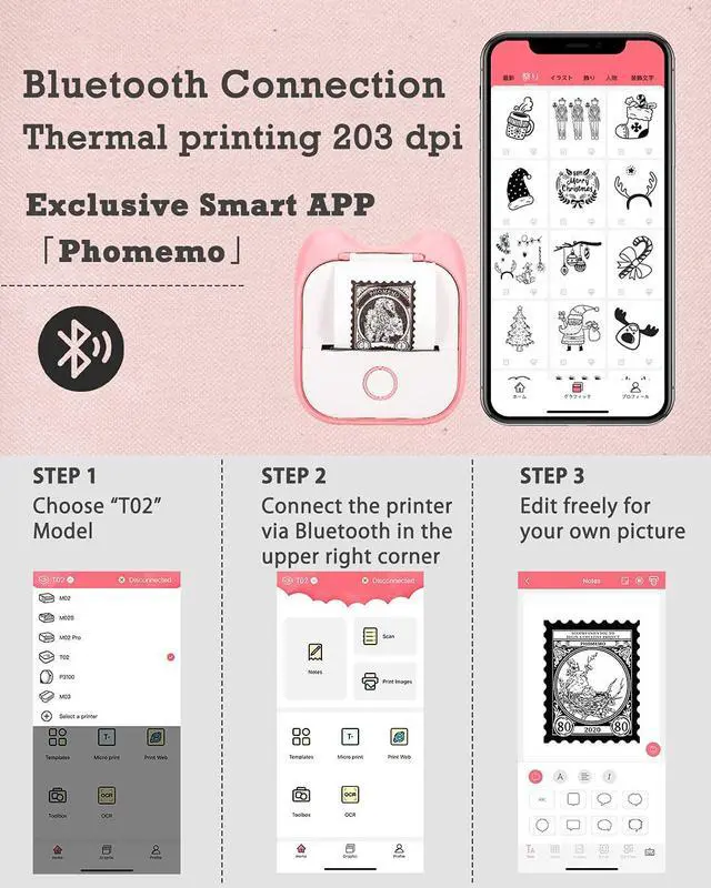 Alt view image 5 of 5 - Memoqueen T02 Pocket Thermal Photo Printer with Mint Green/Lavender Purple/Light Orange, Adhesive Thermal Paper, 53mmx 6.5m/roll, Black Text, Keep for 20 Years, Compatible with iOS & Android