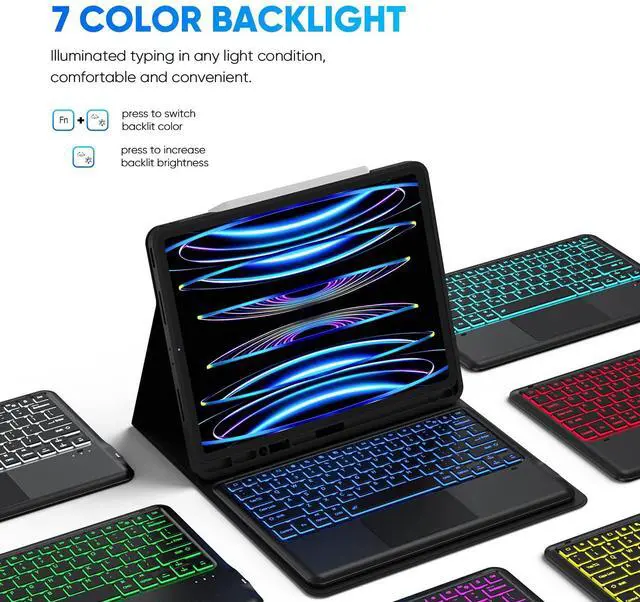 Alt view image 3 of 5 - MicroPack iPad Pro 12.9 Case with Keyboard - 2022, Detachable Wireless, 7 Color Backlit, Compatible for iPad Pro 12.9 3rd Gen to 6th Gen, Black