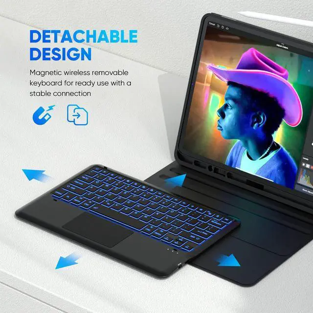 Alt view image 4 of 5 - MicroPack iPad Pro 12.9 Case with Keyboard - 2022, Detachable Wireless, 7 Color Backlit, Compatible for iPad Pro 12.9 3rd Gen to 6th Gen, Black