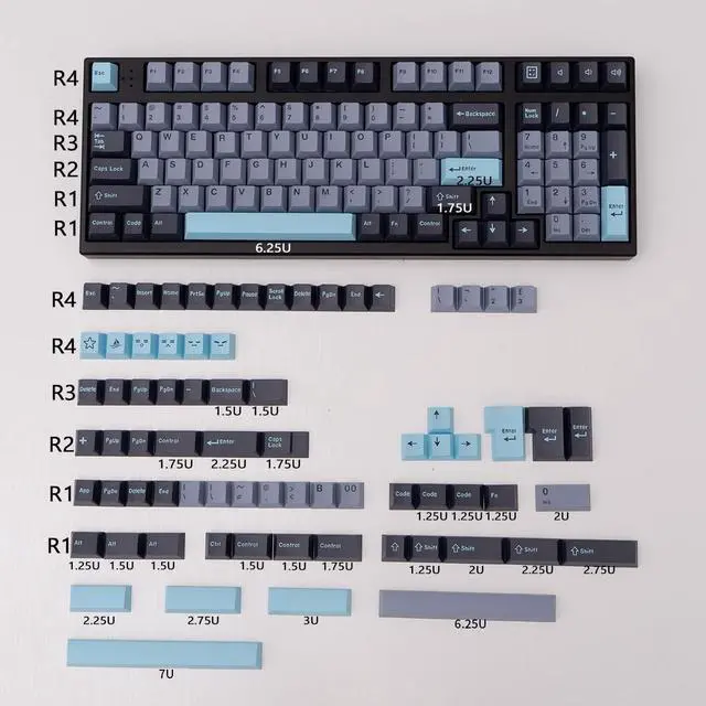 Main image of mintcaps Black Grey Blue Keycaps Set 173 Keys Cherry Profile Doubleshot Custom Keycaps ISO ANSI Layout for 60% 65% 75% 95% Cherry MX Mechanical Keyboards