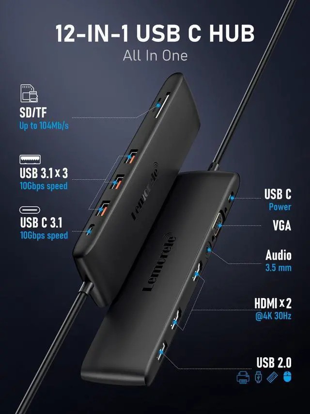 Alt view image 2 of 5 - Lemorele USB C Dual Monitor Docking Station for Dell/HP/Lenovo/Surface Laptop, 12 in 1 Triple Display Multiport Hub Adapter w/2 HDMI 4K+VGA+10Gbps 2 USB3.2+2 USB2.0+100W PD+USB C Data+SD/TF+Audio