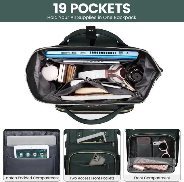 Alt view image 3 of 5 - LOVEVOOK Laptop Backpack for Women,15.6 Inch Professional Womens Travel Backpack Purse Computer Laptop Bag Nurse Teacher Backpack,Waterproof Work Bags Carry on Back Pack with USB Port,Dark Green